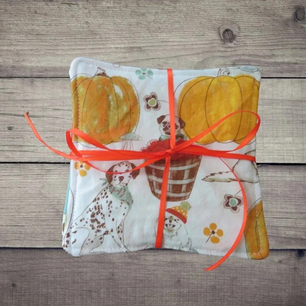 Fabric Coasters, Set Of 4, Reversible Dogs and Pumpkins and Orange Gingham